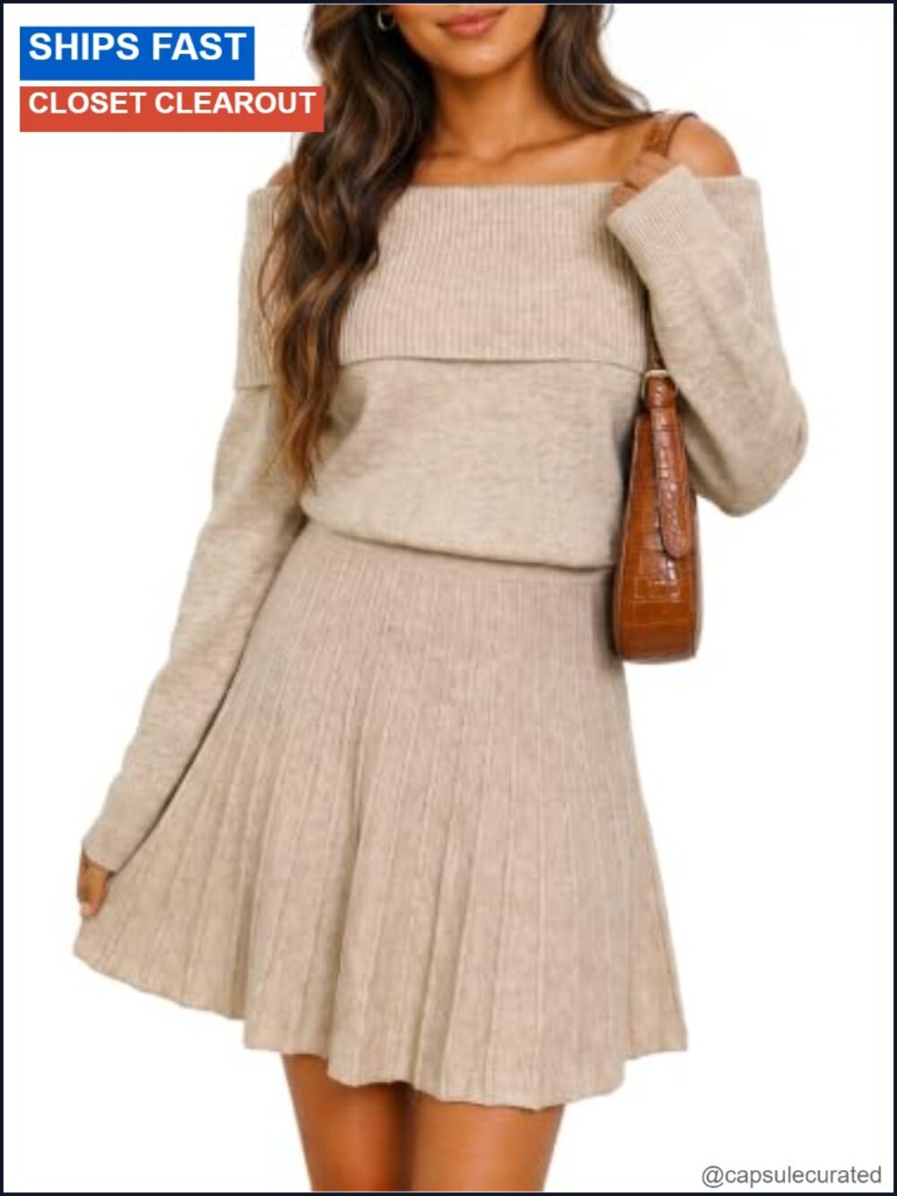 Off Shoulder Ribbed Knit Sweater Dress Pleated Mini A-Line